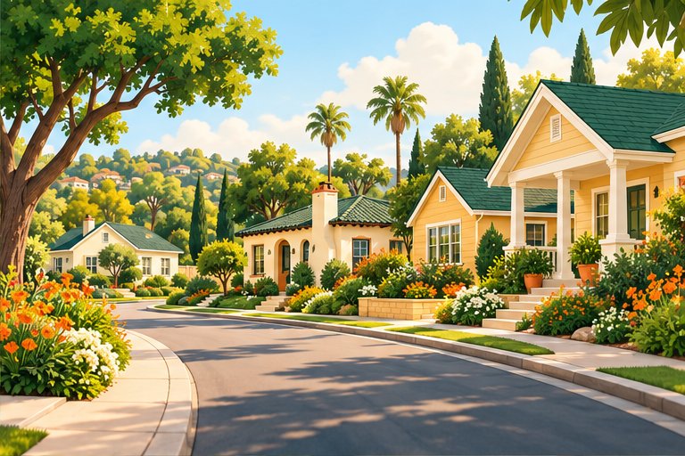 Illustrated sunny San Diego neighborhood with homes, trees, and flower beds.