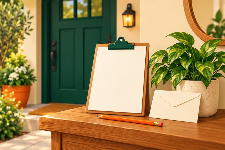 Illustrated blank clipboard, envelope, and potted plant beside a green front door.