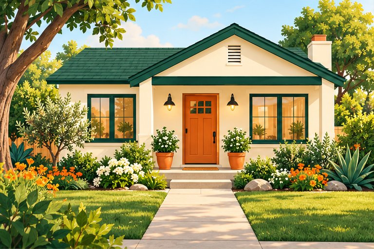 Illustrated cream cottage with a green roof, orange front door, and leafy garden.