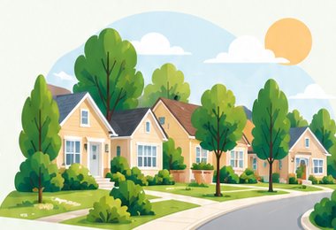 Illustrated neighborhood with homes, leafy trees, and a sunny sky.