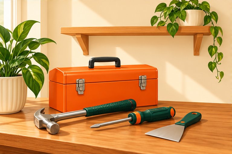 Illustrated toolbox, hand tools, and a small wooden shelf in a cream home interior.